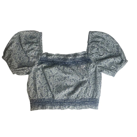 Madewell Jeannette Top Blue Floral Puff Sleeve Cropped Back Buttons XS New WOT - Picture 2 of 10
